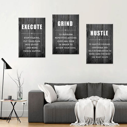 Motivational Wall Art Execute Grind Hustle Inspirational Poster 3 Pieces Canvas Prints Artwork for Living Room Modern Home Decor Painting Pictures Stretched and Framed Ready to Hang [48''Wx 24''H]