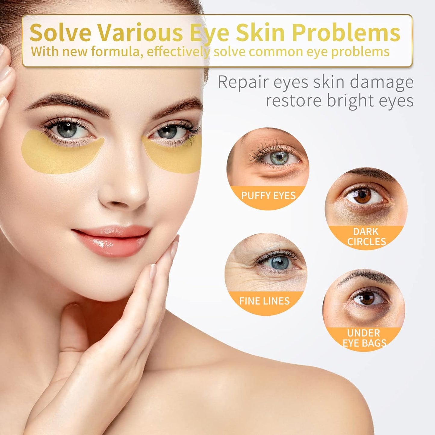 24K Gold Under Eye Patches - 60 Pack for Puffy Eyes, Dark Circles, Bags & Wrinkles with Collagen & Hyaluronic Acid
