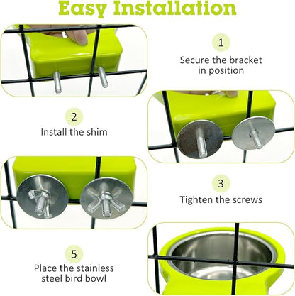 Stainless Steel Bird Bowls for Cage 2 Pcs Parrot Feeding Dish Metal Food and Water Cups Detachable Birds Cage Feeder Hanging Finch Food Plates with Perch for Parakeet Budgie Lovebird (Green)