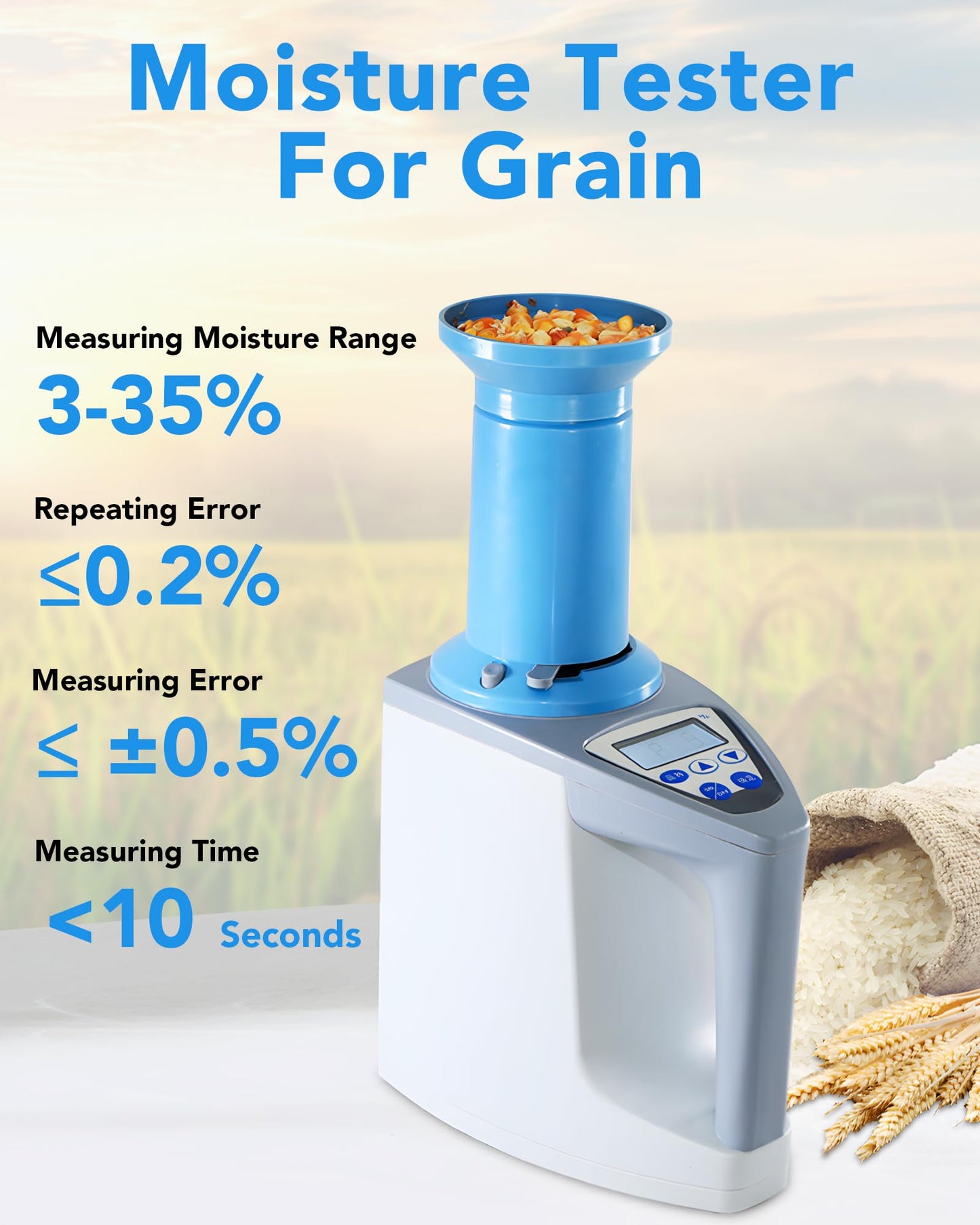 Digital Grain Moisture Meter, Accurate Moisture Testing for Wheat, Corn, Rice for 24 Kinds of Grains, Quick Reading with LCD Display, Multi-point calibration & error correction for Agricultural Use