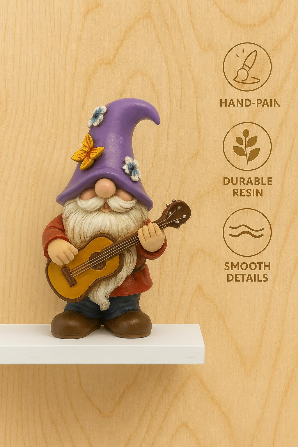 GoGnome Musical Gnome Figurine with Guitar – Handcrafted Resin Garden or Shelf Decoration, 6.2" Tall Whimsical Gnome Statue with Purple Hat, Flowers & Butterfly, Gift for Music Lovers (Purple)