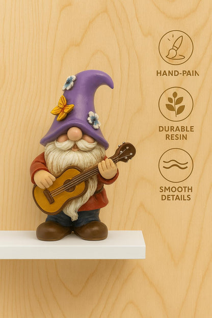 GoGnome Musical Gnome Figurine with Guitar – Handcrafted Resin Garden or Shelf Decoration, 6.2" Tall Whimsical Gnome Statue with Purple Hat, Flowers & Butterfly, Gift for Music Lovers (Purple)