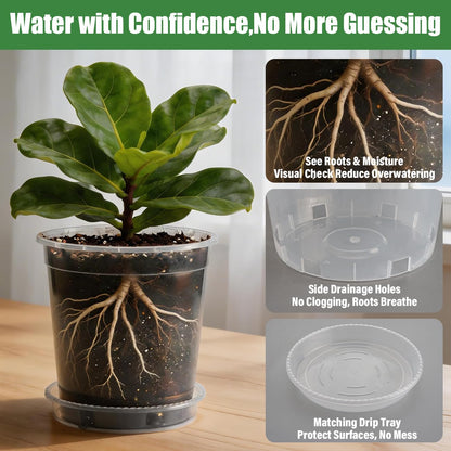 BTPLASTIK 1/2/3/5 Gallon Clear Nursery Pots with Saucers 4 Size Set 12P, Round Plastic Plant Pots with Drainage Holes