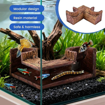 Aquarium Underground Corner Cave, Natural-Looking Wood-Like Viewing Fish & Shrimp Under Gravel Tunnel Fish Tank Decor Decoration Hideout for Corydora Catfish, Kuhli Loach, Pleco