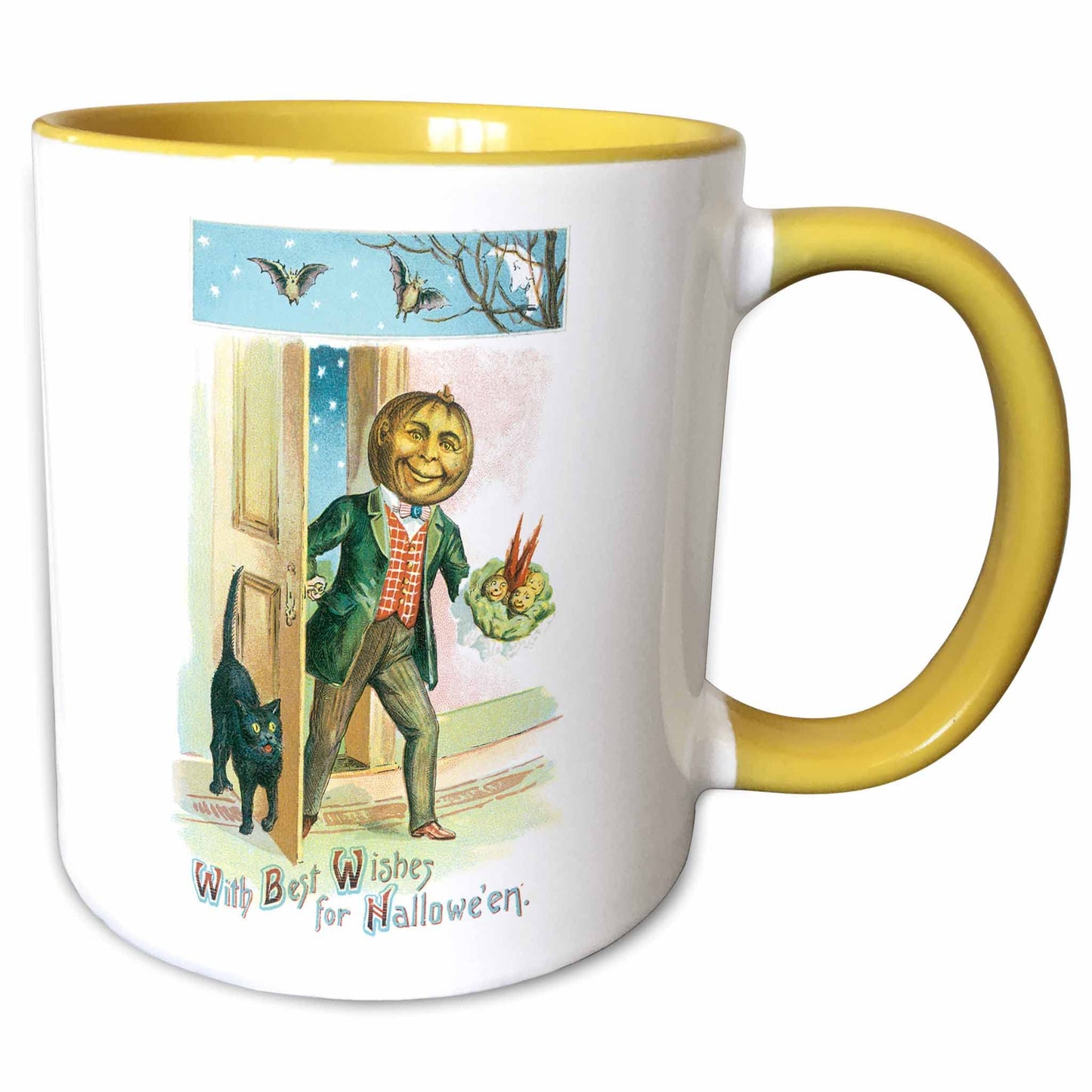 3dRose Vintage Halloween With Best Wishes with a Pumpkin Man and a Black Cat 11oz Two-Tone Yellow Mug