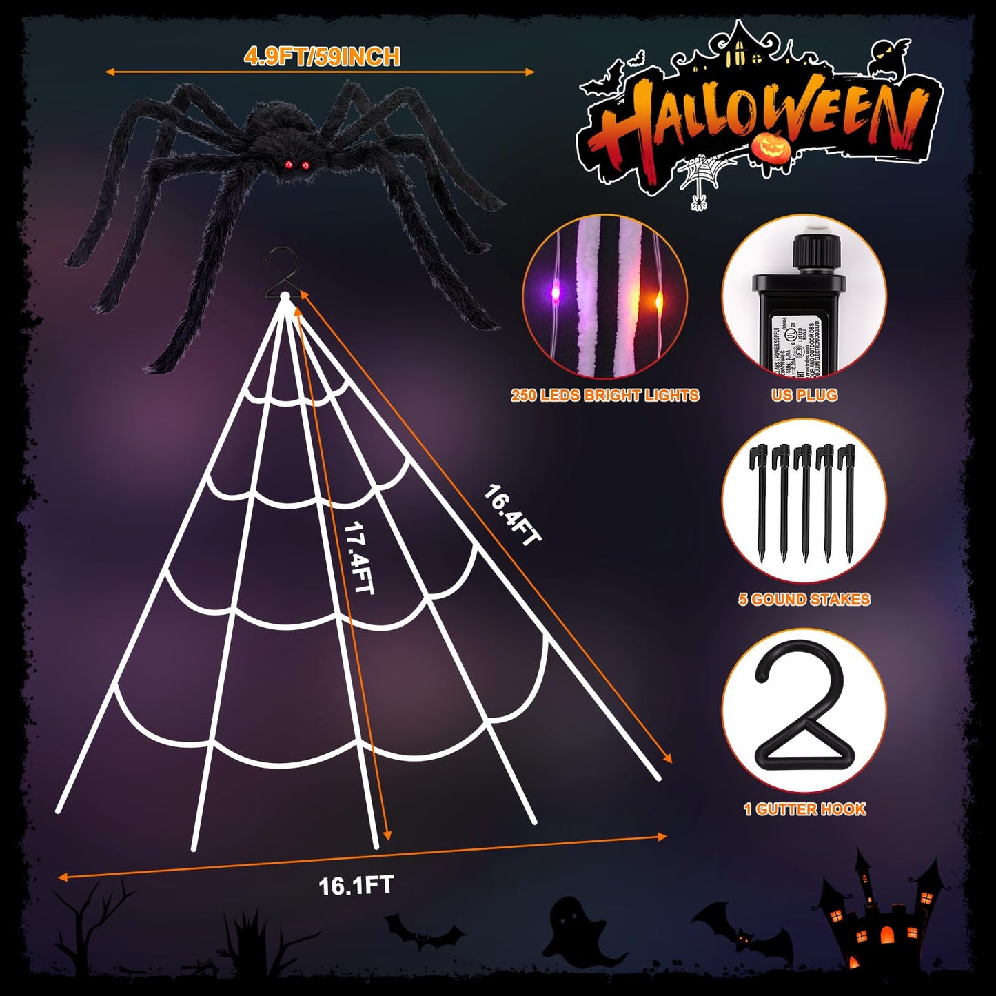 Halloween Decorations Spider Web Lights, 250 LED 16.4Ft Light Up Spider Web