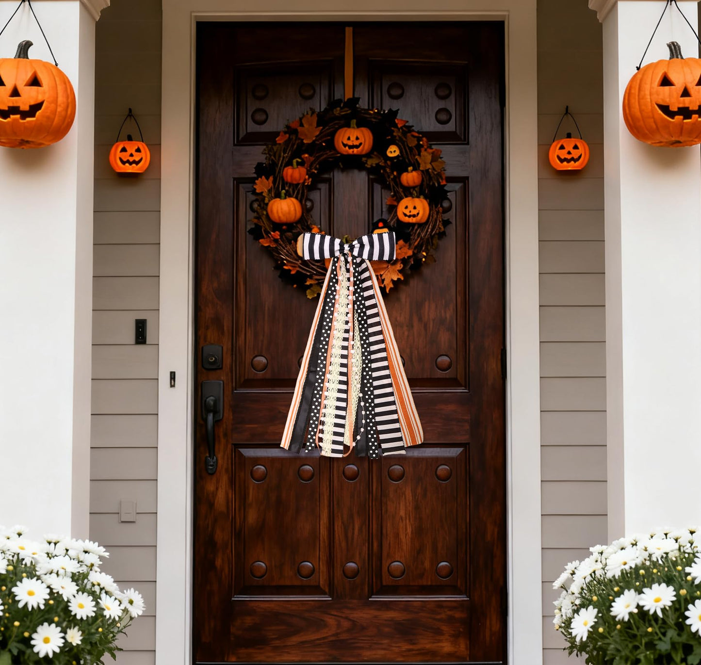 Vickasi Halloween Black Stripes Wreath Bows for Front Door, Orange Lace Ribbon Bowknot Holiday Bows Accessories for Wreath Thanksgiving Decorations