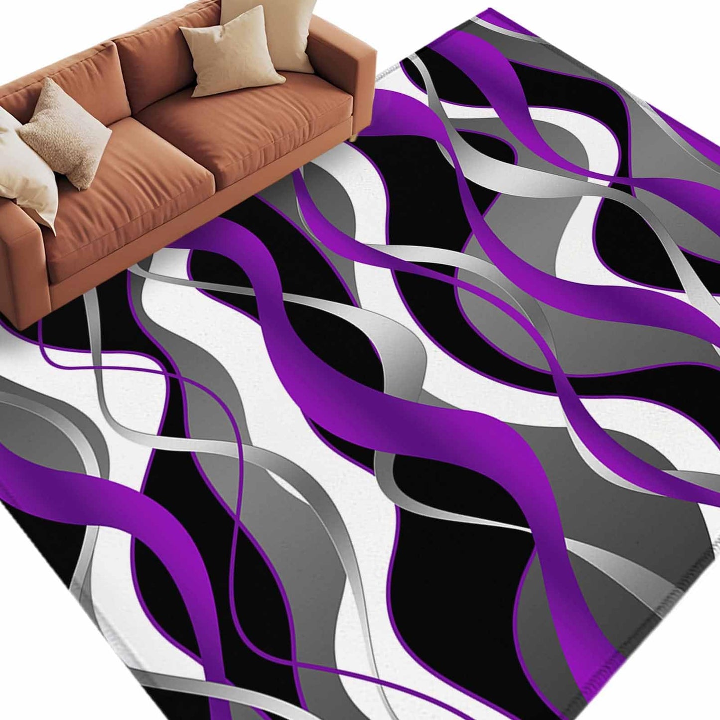 8'x10' Area Rug for Living Room, Purple Black Grey Moire Washable Non-Slip Large Carpet for Bedroom Dining Room, Abstract Modern Geometric Lines StainResistant & Non-Shedding Accent Rug for Kitchen