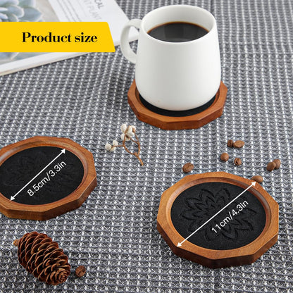 Wood Coasters for Drinks Absorbent with Lip, 4.3 Inch Rustic Acacia Wood Black Felt Coaster with Holder for Wooden Coffee Table for Cups, Mugs, and Glasses - Set of 6
