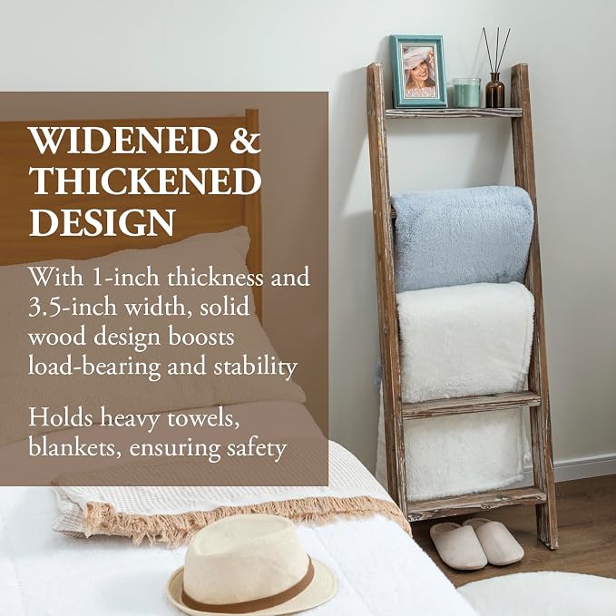 MyGift Decorative Ladder Shelf, 4.5 Foot Wall Leaning Wooden Towel Blanket Ladder Storage Rack for Bathroom or Living Room, Torched Brown Wood