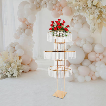 Headery 5 Tiers Round Wedding Centerpieces Vase, 61in Gold Acrylic Flower Stand with Hanging Crystals, Square Chandelier Pedestal Stand for Party Table Decoration Lawn Hotel Opening (Styel-4)