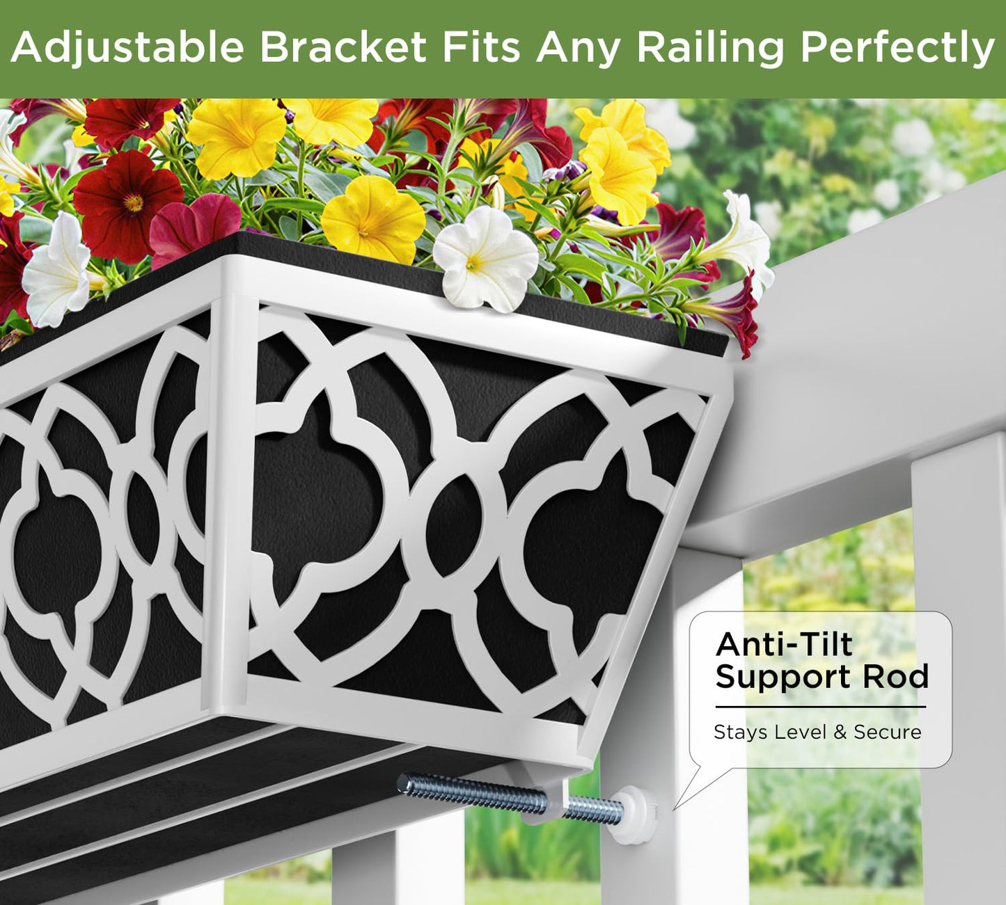 Y&M 4Pcs 36'' Railing Planter Box Set with Adjustable Brackets, Large Hanging Window Boxes for Fence, Deck, Balcony, and Garden, Gray Metal Frame with Black Nonwoven Fabric Liner