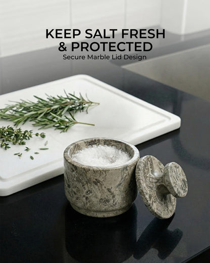 UrbanFocal Natural Marble Salt Cellar With Lid - Stone Salt Container And Stone Salt Holder, Spice Jars for Counter, Candy Jar & Spice Jar, Oceanic