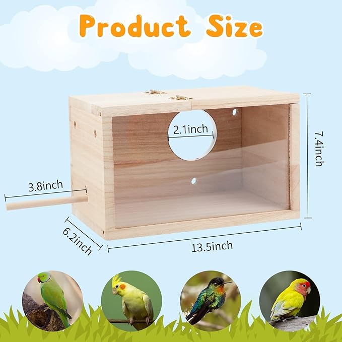 Rypet Parakeet Nesting Box Transparent Design, Thwartwise Bird Nest Breeding Box with Perch Wood Bird Cage House for Cockatiel Lovebirds Budgie Finch Parrotlets Canary XL