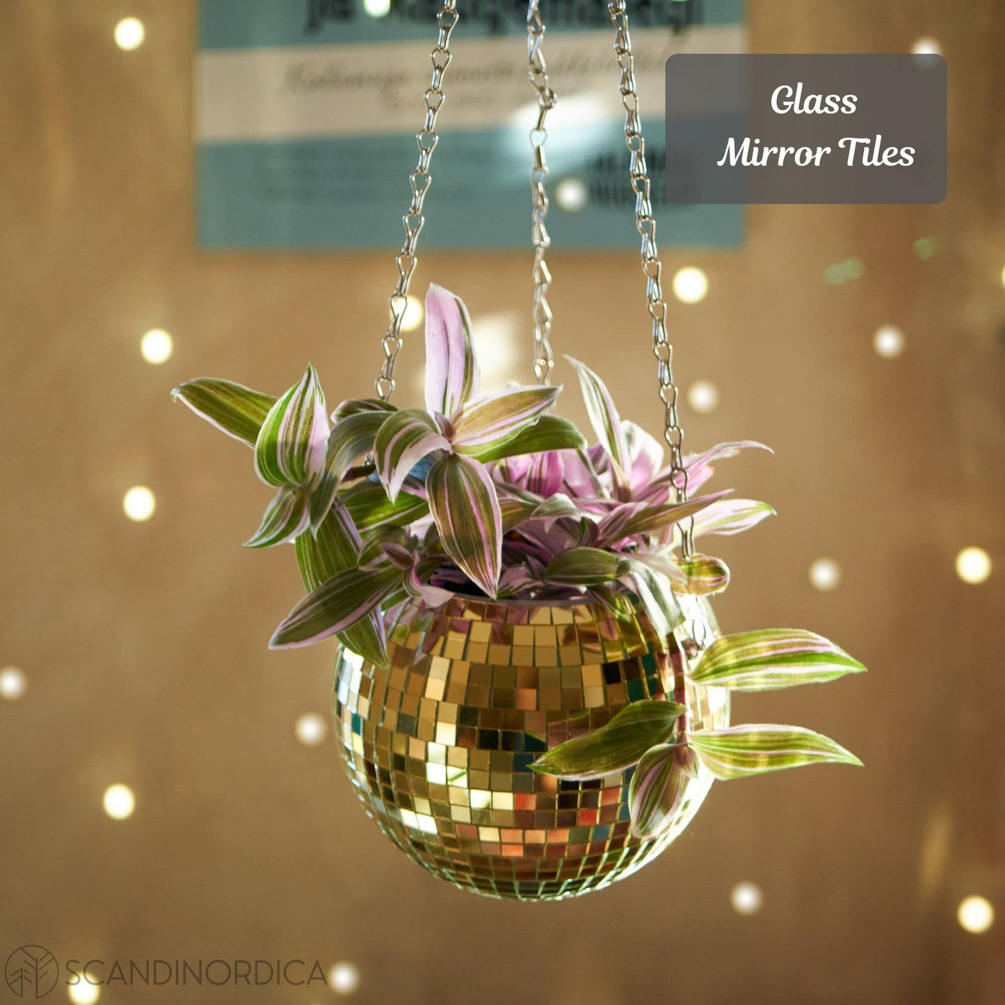 SCANDINORDICA Disco Ball Planter 6" Gold with Chain and Macrame Hanger and Disco Ball Planter Pot 4.3" with Saucer (0.2x0.2 mirror tiles)