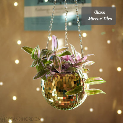 SCANDINORDICA Disco Ball Planter 6" Gold with Chain and Macrame Hanger and Disco Ball Planter Pot 4.3" with Saucer (0.2x0.2 mirror tiles)