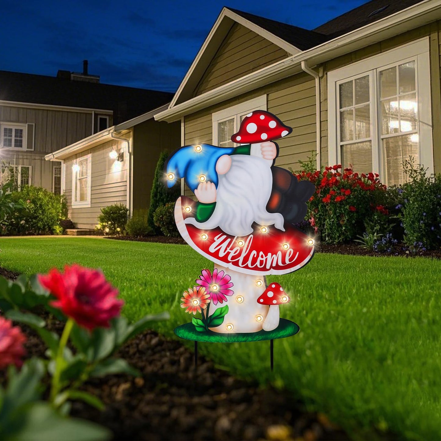 WONDER GARDEN Decorative Garden Stakes - Lighted Mushroom and Gnome Yard Sign Stakes with Flower, Spring Signs for Outdoor, Porch, Yard,Flower Bed Decor