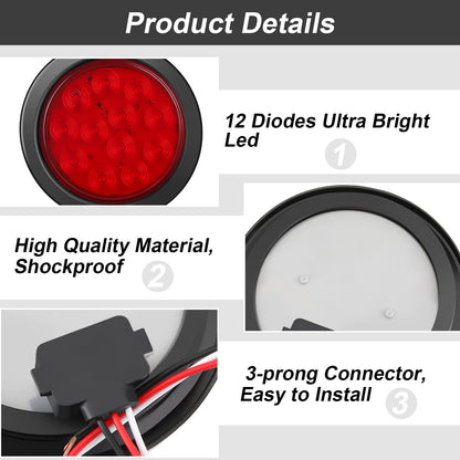 BBTO 12 Pcs 4 Inch Round LED Trailer Tail Lights, Waterproof Brake Stop Turn Marker Lights, Plastic, Red
