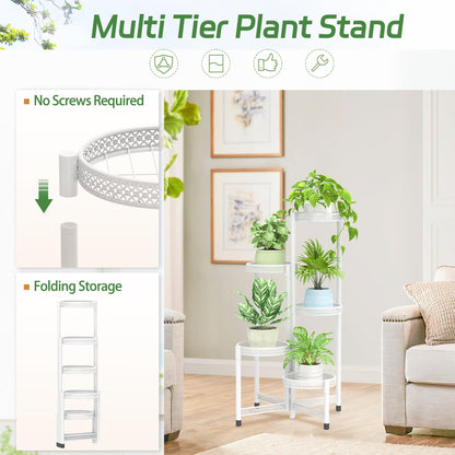 iDavosic.ly Plant Stand Indoor Outdoor, 5 Tier Corner Metal Flower Display Holder Shelf, Folding Tall Orchid Rack for Patio Balcony Porch Garden Living Room House, Wrought Iron - White