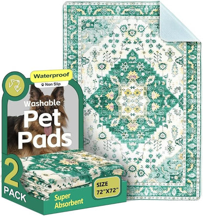 Washable Pee Pads for Dogs, 2 Pack Reusable Puppy Training Pads 72"x72" Super Absorbent Waterproof Dog Training Pads, Non-Slip Potty Pads, Whelping Pads Litter Mat Green Medallion
