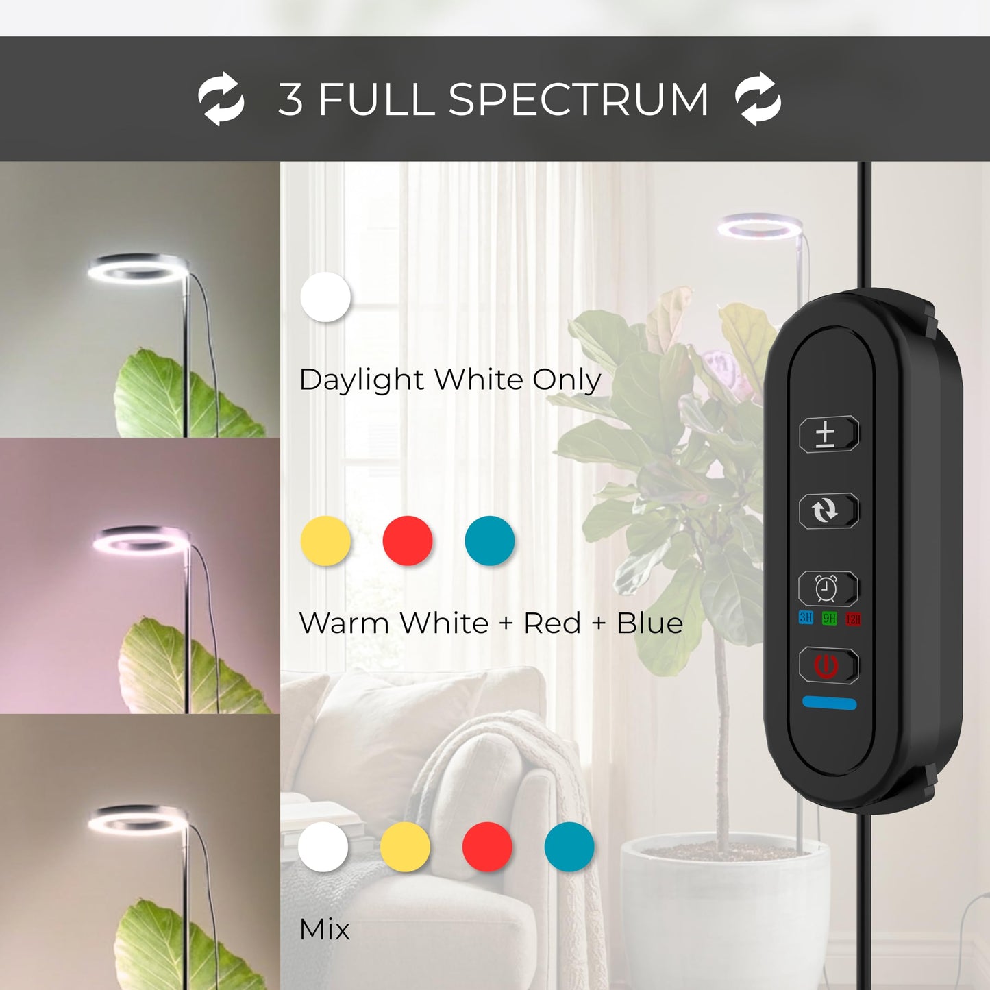 Grow Light in Pot, Full Spectrum LED Plant Grow Light, Height Adjustable, Inline Control for 3 Color Modes Selectable, Auto Timer 3/9/12 Hours, 10 Brightness Levels, USB Plug, for Large Tall Plants