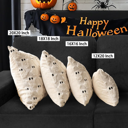 4TH Emotion Halloween Ghost Decorative Pillow Covers 18x18 Set of 2, Beige Soft Plush Faux Fur Farmhouse Throw Cushion Cases for Fall Holiday Home Decorations