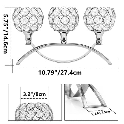 3-Arm Arched Crystal Candelabra, Sliver Candle Holder Table Centerpiece for Wedding, Home Decor, Dining, Party, Thanksgiving & Christmas Decoration(2PCS)