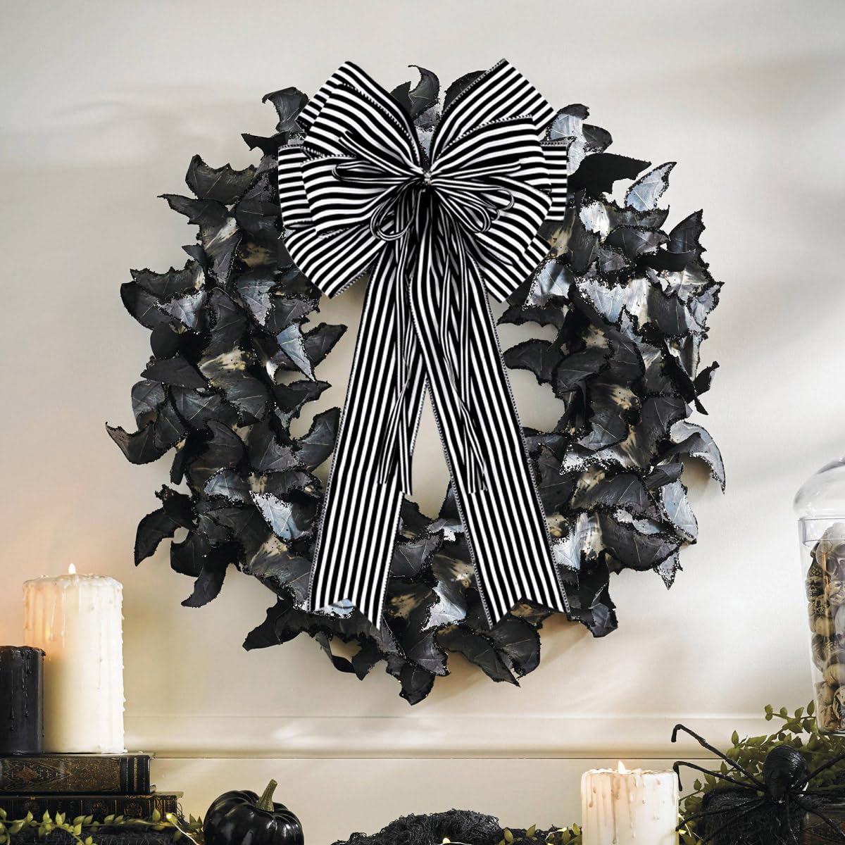 Hongsome 2 Pack Black White Stripe Halloween Fall Bows for Wreaths,12”x20”Black and White Christmas Decorations Bow for Tree Topper Gothic Spooky Holiday Birthday Party Wall Home Front Door