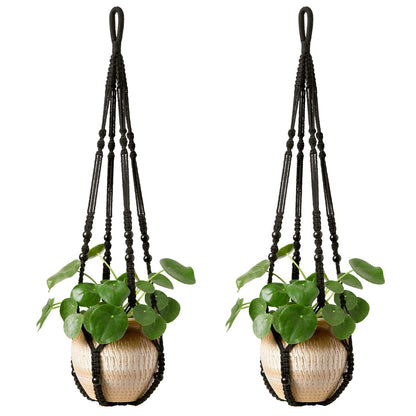 Mkono Macrame Plant Hanger Indoor Hanging Planter Basket with Wood Beads Decorative Flower Pot Holder No Tassels for Indoor Outdoor Boho Home Decor 35 Inch, Black, Set of 2 (POTS NOT Included)