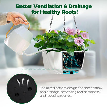 T4U 10 Inch Hanging Planters for Indoor Plants, 2 Pack White Self Watering Hanging Plant Pot, Hanging Pots Set with Drainage Hole & Plug & Chain with 3 Hooks for Garden Home Decor
