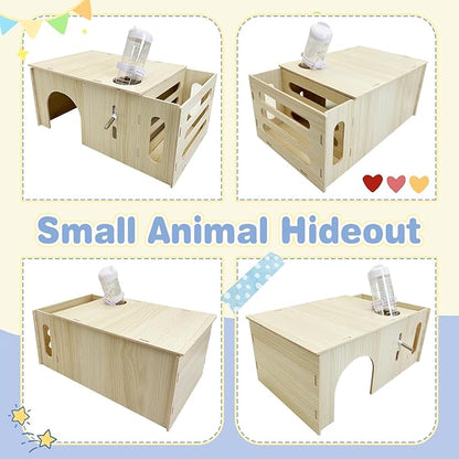 Hamiledyi Guinea Pig Hideout with Hay Feeder and Water Bottle Natural Wooden Chinchilla House Bunny Castle Small Animal Hideout for Rabbit Chinchilla Bunny and Guinea Pig