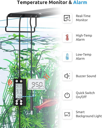 SEAOURA Aquarium LED Light with Thermometer, 12-18in Full Spectrum Lights for Fish Tank, 24/7 Programmable with Power Off Memory, WRGB Custom, 20 Level Dimmable Brightness for Freshwater Aquariums