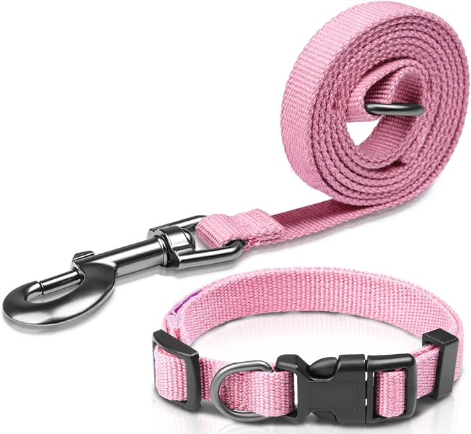 Pink Dog Collar and Leash Set for Medium Size Dog, Breathable, Anti-Odor & Soft, Comfortable for Sensitive Skin Puppies, 90% Bamboo Rayon, Adjustable Quick-Release Buckle Pet Collar for Medium Breeds