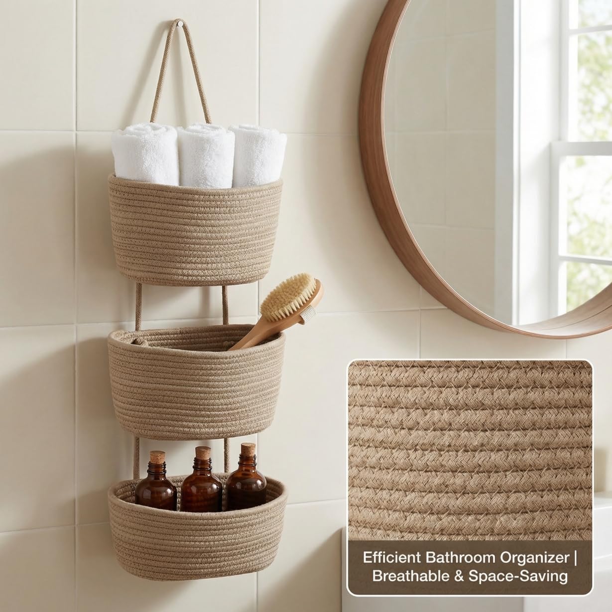 Britwicfr Hanging Wall Basket, Over the Door Hanging Basket with Hooks, Cotton Back of Door Organizer for Living Room, Bedroom, Boho Wall Decor, Toy Storage, Jute