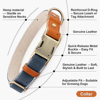 Plutus Pet Genuine Leather & Hemp Dog Collar – Adjustable Heavy Duty Pet Collar with Quick Release Metal Buckle, Soft & Stylish for Puppy and Small, Medium, Large Dogs (Blue, XS)
