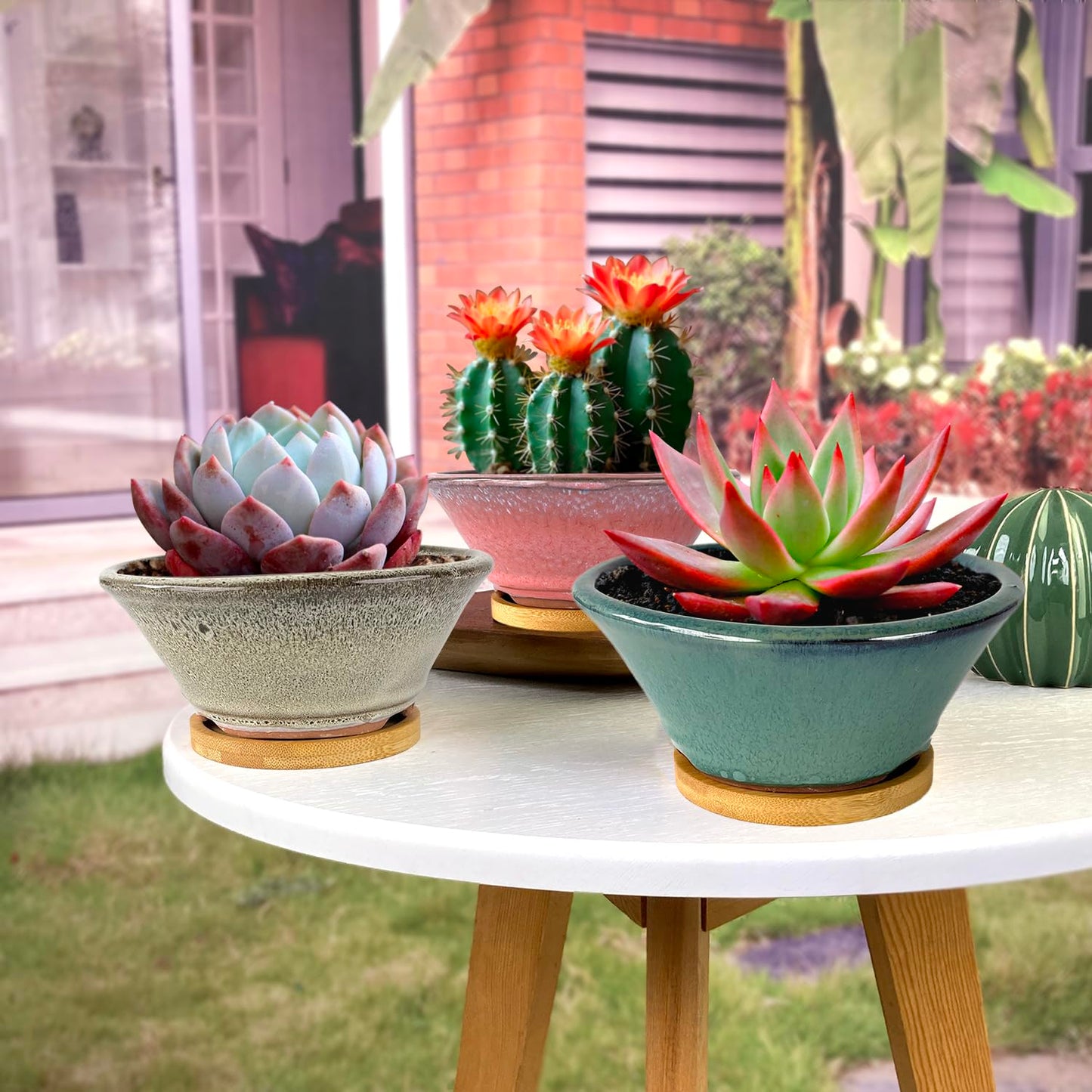 Summer Impressions 6 Inch Glazed Terracotta Succulent Pot Planter Small Plant Pot with Drainage Hole and Bamboo Saucer Cactus Ceramic Pot Set of 3 (Light Green Pink White)