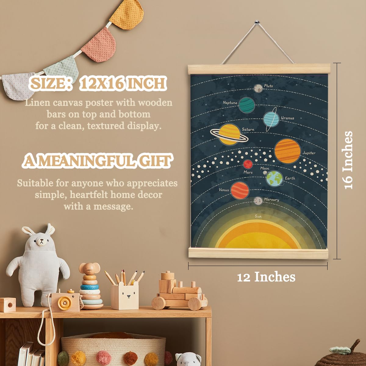 MOFUYU Kids Room Decor,Space Nursery Wall Decor Canvas Hanging Banner,Solar System,Educational Poster Hanger Frame for Classroom Nursery Playroom Kids Girl Boy Teen Bedroom 12x16 Inch