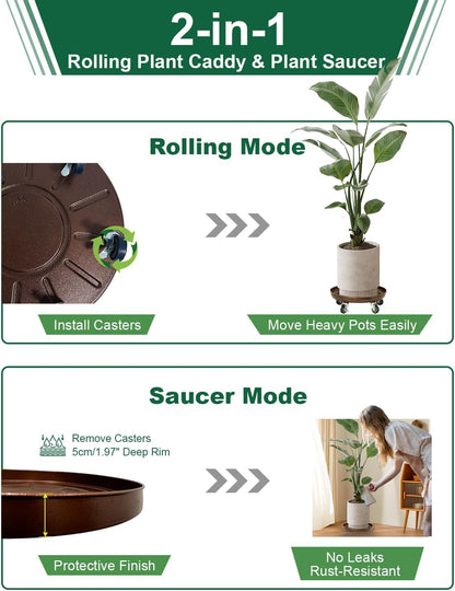 Plant Stand Rolling Plant Caddy With Wheels, 17 inch Plant Saucer With 360° Lockable Wheels, 440 LB Capacity Metal Rolling Plant Cart for Heavy Duty Planter, Rustproof Plant Dolly for Outdoor/Indoor