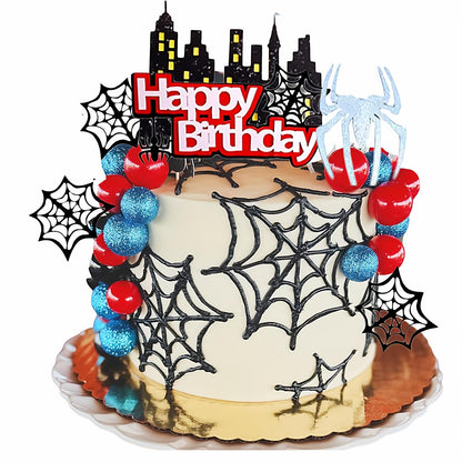 Spider Cake Topper, Spider Web Cake Decorations Spiders Theme Cake Decor Glitter Happy Birthday Toppers Red Black Blue Balls Cupcake Topper for Boys Men Baby Shower Party Supplies