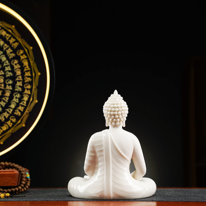 QINLANG 6 inch White Buddha Statue and 13.2 inch LED Circle Table Lamp, Indoor Buddha Statues for Home Décor