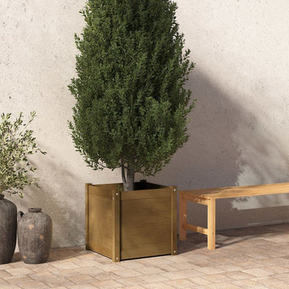 HFXHIJXQ Square Solid Pine Wood 19.7 in Honey Brown Outdoor Planter Box Rustic Garden Pot with Drainage for Flowers Herbs on Patio Terrace Balcony