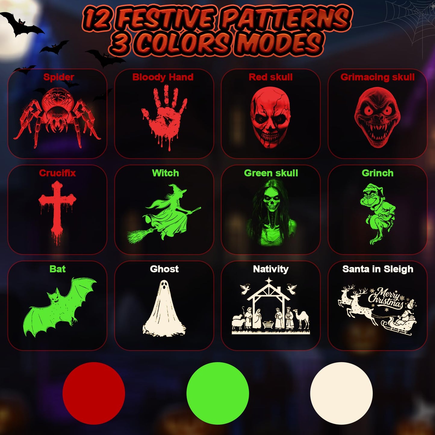 12 in 1 Halloween Projector Outdoor,3D Dynamic Halloween Decorations,Clearer Ghost/Spider/Bat/Skull/Witch/Nativity/Crucifix HD Patterns,Waterproof for Window Wall Cemetery Holiday Decor