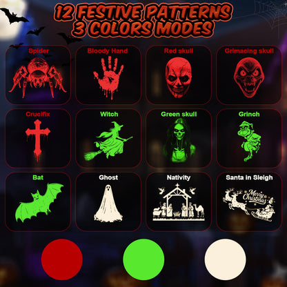 12 in 1 Halloween Projector Outdoor,3D Dynamic Halloween Decorations,Clearer Ghost/Spider/Bat/Skull/Witch/Nativity/Crucifix HD Patterns,Waterproof for Window Wall Cemetery Holiday Decor