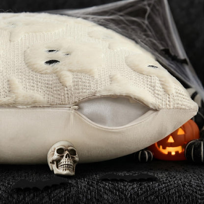 decorUhome Fall Halloween Ghost Pillow Covers 18x18 Inch Pack of 2 Soft Plush Faux Wool Textured Throw Pillow Covers Cute 3D Ghost Decorative Cushion Cases for Couch Sofa Bedroom Home Decor, Beige