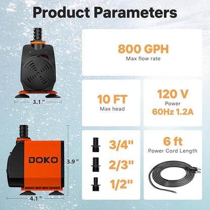 DOKO 800GPH Submersible Water Pump, Fountain Water Pump with 6FT Power Cord and 3 Nozzles, 60W, Ultra Quiet Pond Pumps for Pond Aquarium Fountain Waterfall Fish Tank Hydroponic Statuary