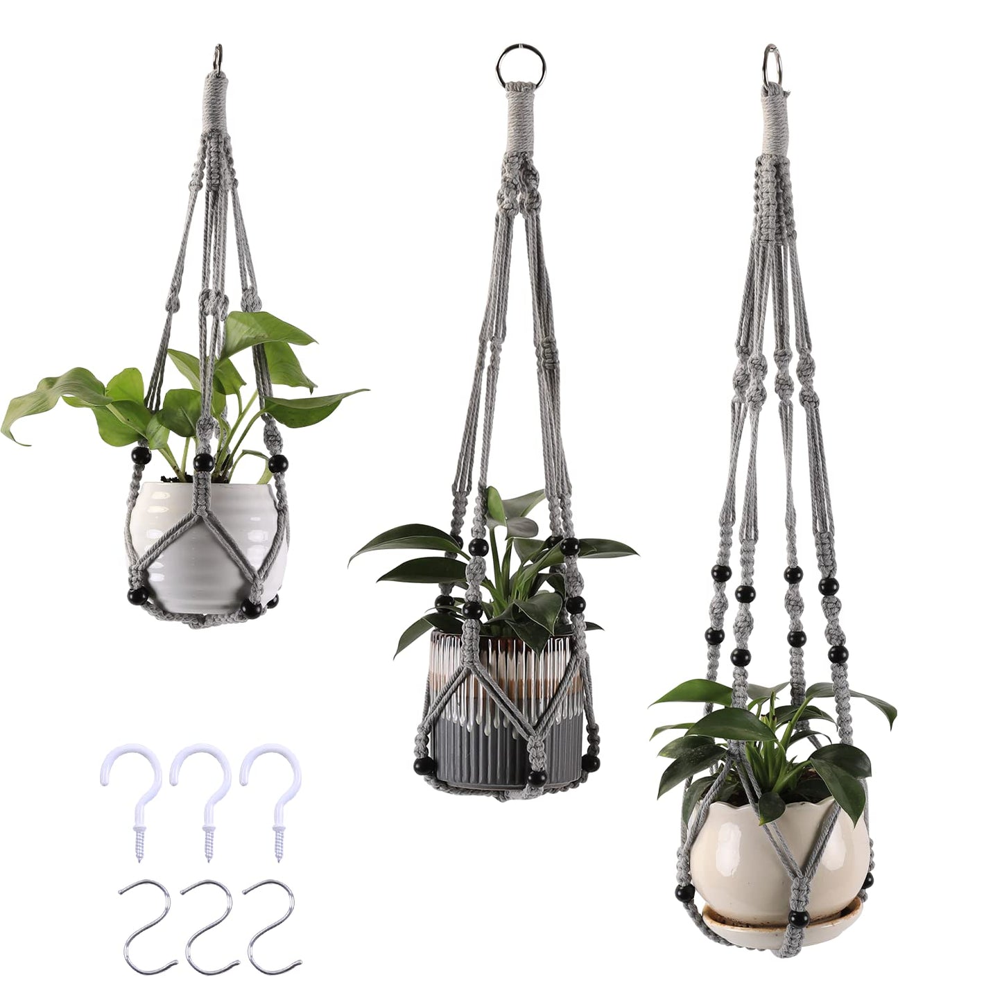 MKO SHUN 3-Pack Macrame Plant Hanger Indoor - Hanging Planter Basket for Indoor Outdoor - Decorative Boho Plant Holders Set with Beads - Ceiling Flower Pot Holder with 6 Hooks - 35"/30"/24" Gray