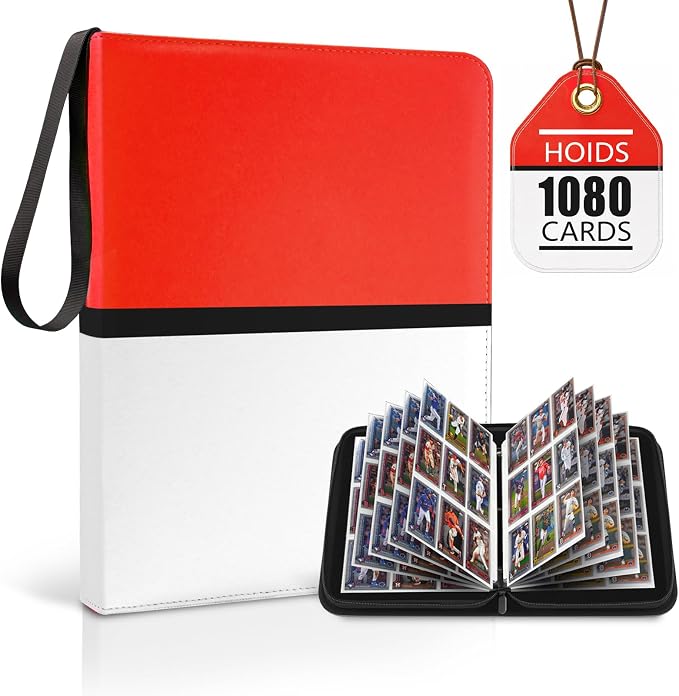 9 Pocket Trading Card Zip Binder - Holds 1080 Cards, 60 Pages Large-Capacity,Double-Sided Removable Sleeves, Suitable for Game Cards/Sports Cards Storage,Red White