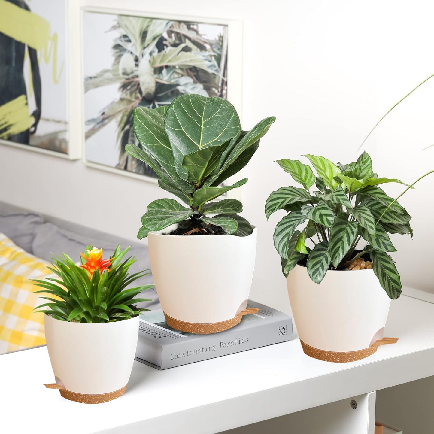 Self Watering Planters with Drainage Holes Reservoir,Nursery Planting Pot for Indoor Decor Garden Plants Succulents,Snake Plant, African Violet,Plastic Flower Pots Set 7+6.5+6+5.5+5 Inch (White)