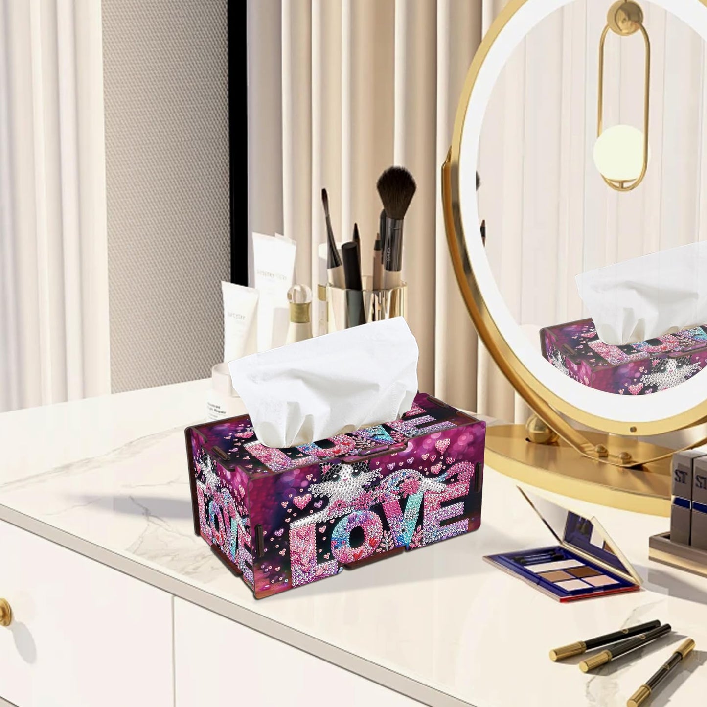 Diamond Painting Tissue Box Cover – Love Letter & Cat Design Wooden DIY Rhinestone Diamond Art Kit, Cute Handmade Craft Tissue Holder for Desktop Home Office Decor