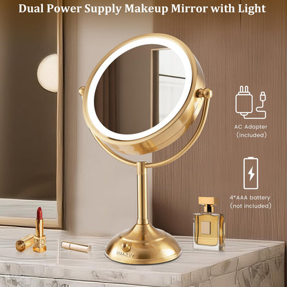 Professional 8.5" Large Lighted Makeup Mirror with Brighter Lights, 1X/10X True HD Magnifying Mirror with 3 Color Dimmable Lights, 90 Shadowless LEDs, 360°Swivel Seamless Vanity Mirror, Pearl Nickel